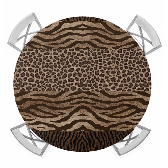 Round Fitted Tablecloth with Elastic Edge, Leopard Zebra Print Waterproof Table Cloth Table Cover for 55"-60" Tables, Vintage Animal Skin Striped Brown Tablecloths for Dining Picnic Party Outdoor