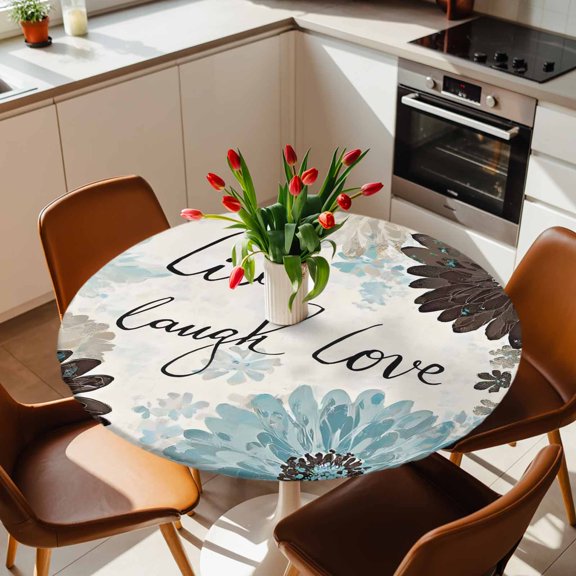 Round Fitted Tablecloth with Elastic Edge, Live Love Laugh Words Fitted Table Cloth for Round Tables, Country Blue Brown Floral Waterproof Tablecloth for Outdoor Picnic Party 36-44in
