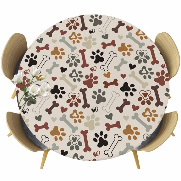 Round Fitted Tablecloth with Elastic Edge, Love Bone Dog Paw Print Fitted Table Cloth for Round Tables, Animal Footprints Seamless Waterproof Tablecloth for Outdoor Picnic Party 55-60in