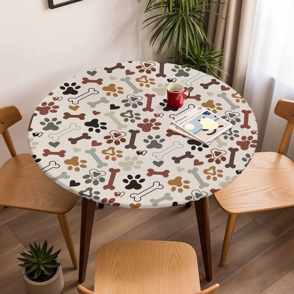 Round Fitted Tablecloth with Elastic Edge, Love Bone Dog Paw Print Fitted Table Cloth for Round Tables, Animal Footprints Seamless Waterproof Tablecloth for Outdoor Picnic Party 45-54in