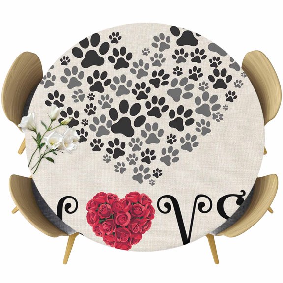Round Fitted Tablecloth with Elastic Edge, Love Words Dogs Footprints Fitted Table Cloth for Round Tables, Red Roses on Linen Waterproof Tablecloth for Outdoor Picnic Party 55-60in