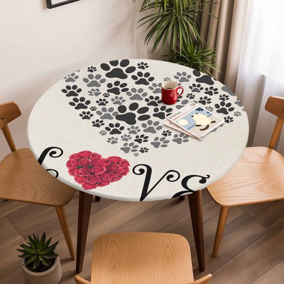 Round Fitted Tablecloth with Elastic Edge, Love Words Dogs Footprints Fitted Table Cloth for Round Tables, Red Roses on Linen Waterproof Tablecloth for Outdoor Picnic Party 45-54in