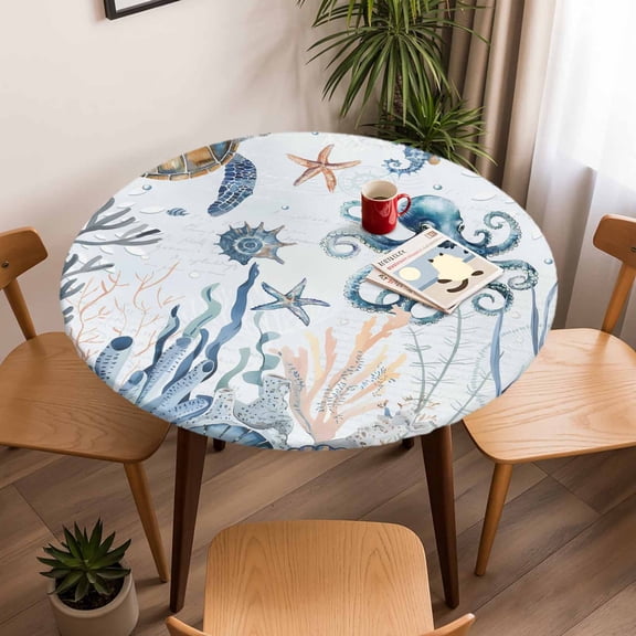 Round Fitted Tablecloth with Elastic Edge, Marine Life Sea Turtles Eight-clawed Fish Fitted Table Cloth for Round Tables, Fish Corals Waterproof Tablecloth for Outdoor Picnic Party 45-54in