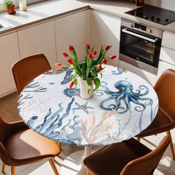 Round Fitted Tablecloth with Elastic Edge, Marine Life Sea Turtles Eight-clawed Fish Fitted Table Cloth for Round Tables, Fish Corals Waterproof Tablecloth for Outdoor Picnic Party 36-44in