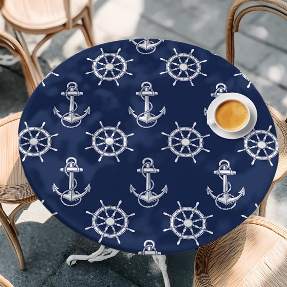Round Fitted Tablecloth with Elastic Edge, Marine Nautical Rudder Anchor Waterproof Oil-Proof Table Cover, Ocean Theme on Navy Blue Circle Table Cloth for Indoor Outdoor Picnic Party 36"x44"