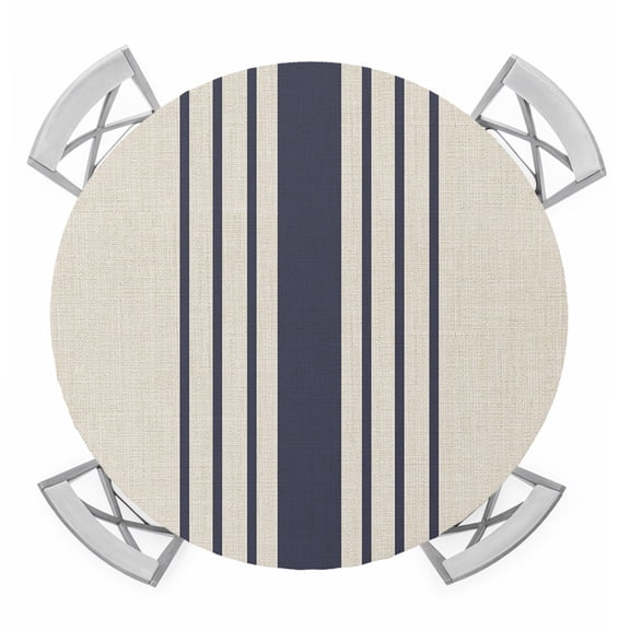 Round Fitted Tablecloth with Elastic Edge, Midnight Blue Striped Waterproof Table Cloth Table Cover for 45"-54" Tables, Beige Geometric Modern Art Tablecloths for Dining Picnic Party Outdoor