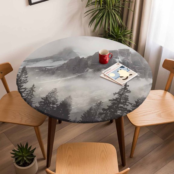 Round Fitted Tablecloth with Elastic Edge, Misty Snow Mountains Fitted Table Cloth for Round Tables, Forest Landscape Grey Waterproof Tablecloth for Outdoor Picnic Party 45-54in