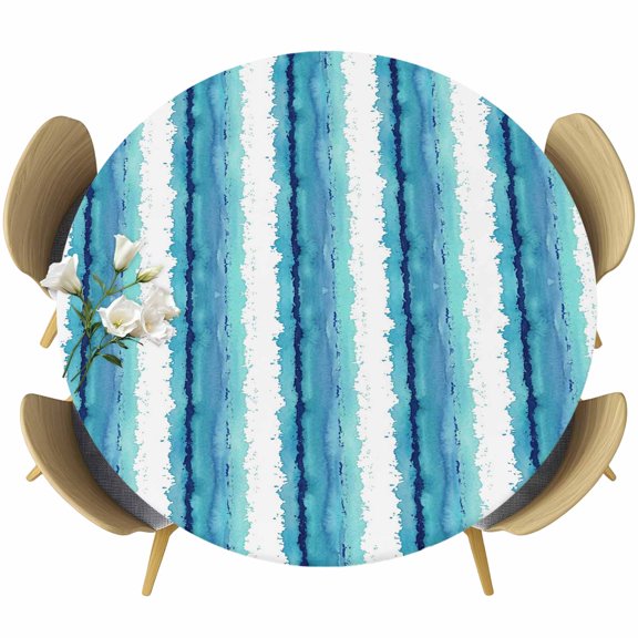 Round Fitted Tablecloth with Elastic Edge, Modern Abstract Blue White Stripes Waterproof Oil-Proof Table Cover, Ocean Theme Coastal Line Circle Table Cloth for Indoor Outdoor Picnic Party 55"x60"