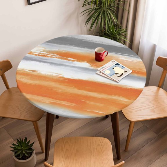 Round Fitted Tablecloth with Elastic Edge, Modern Abstract Canvas Art Fitted Table Cloth for Round Tables, Orange Gray Striped Waterproof Tablecloth for Outdoor Picnic Party 45-54in