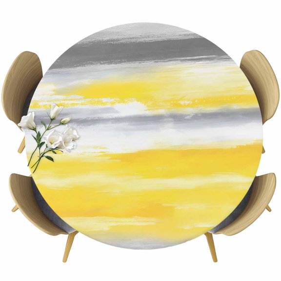 Round Fitted Tablecloth with Elastic Edge, Modern Abstract Canvas Art Fitted Table Cloth for Round Tables, Yellow Gray Striped Waterproof Tablecloth for Outdoor Picnic Party 55-60in