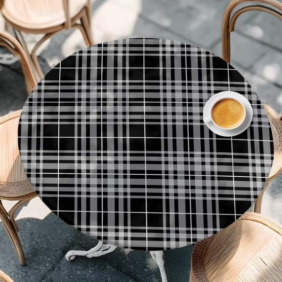 Round Fitted Tablecloth with Elastic Edge, Modern Black Gray Buffalo Plaid Waterproof Oil-Proof Table Cover, Minimalist Geometric Check Circle Table Cloth for Indoor Outdoor Picnic Party 36"x44"