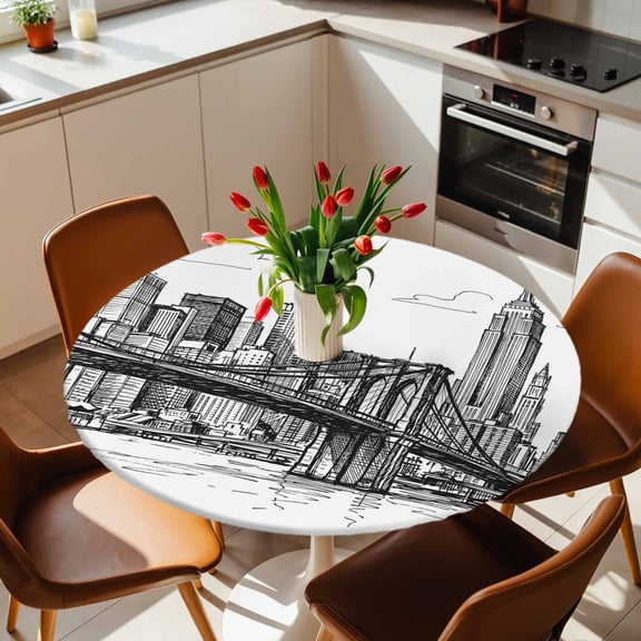 Round Fitted Tablecloth with Elastic Edge, Modern Bridge Building Sketch Fitted Table Cloth for Round Tables, Monochrome Architecture Art Waterproof Tablecloth for Outdoor Picnic Party 36-44in
