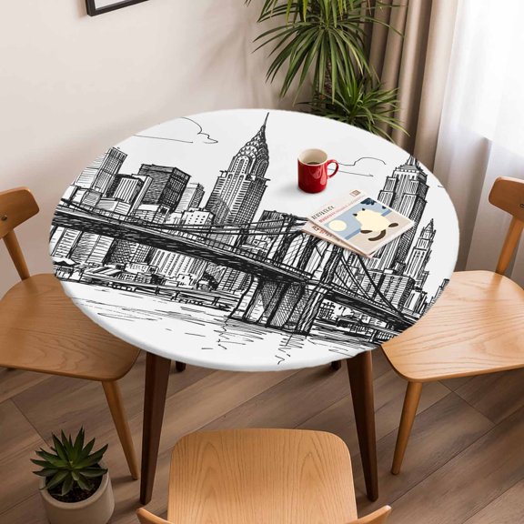 Round Fitted Tablecloth with Elastic Edge, Modern Bridge Building Sketch Fitted Table Cloth for Round Tables, Monochrome Architecture Art Waterproof Tablecloth for Outdoor Picnic Party 45-54in