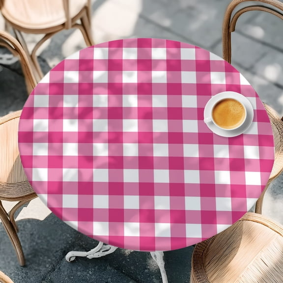 Round Fitted Tablecloth with Elastic Edge, Modern Bright Pink White Check Waterproof Oil-Proof Table Cover, Minimalist Buffalo Plaid Circle Table Cloth for Indoor Outdoor Picnic Party 36"x44"