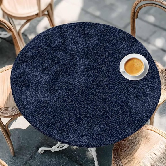 Round Fitted Tablecloth with Elastic Edge, Modern Navy Blue Cowhide Waterproof Oil-Proof Table Cover, Classic Leather Te-ture Circle Table Cloth for Indoor Outdoor Picnic Party 56-60