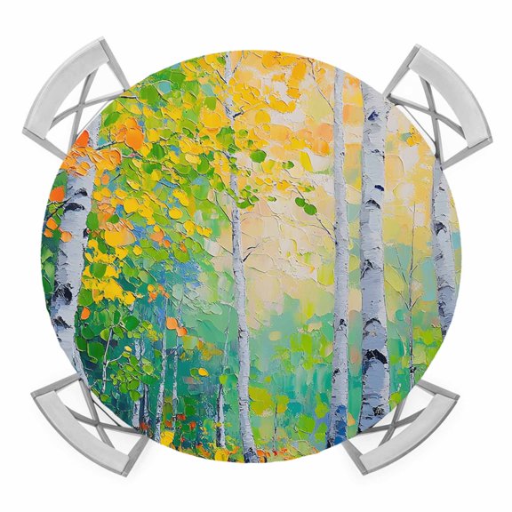 Round Fitted Tablecloth with Elastic Edge, Modern Oil Painting Waterproof Table Cloth Table Cover for 45"-54" Tables, Green Yellow Leaves Trees Pastoral Tablecloths for Dining Picnic Party Outdoor