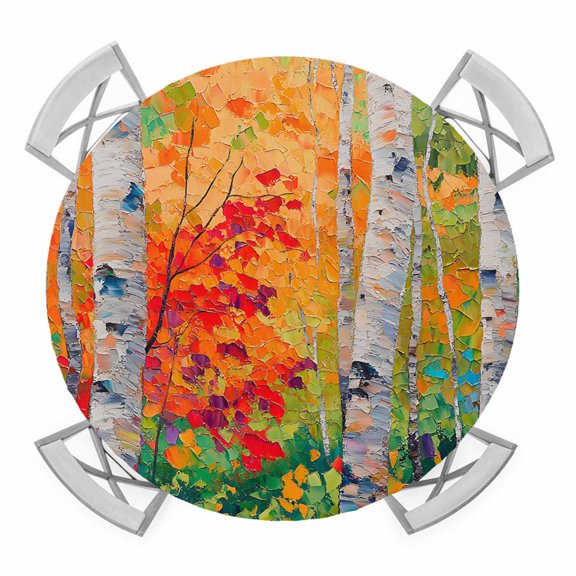 Round Fitted Tablecloth with Elastic Edge, Modern Oil Painting Waterproof Table Cloth Table Cover for 55"-60" Tables, Summer Tree Leaves Yellow Green Tablecloths for Dining Picnic Party Outdoor