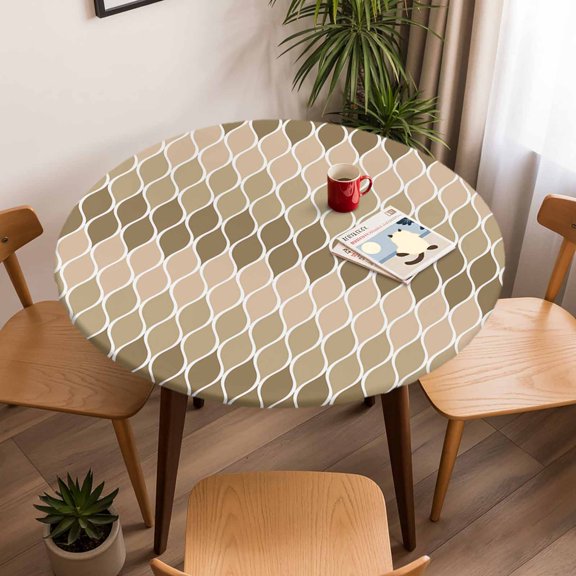 Round Fitted Tablecloth with Elastic Edge, Modern Ombre Brown Chevron Fitted Table Cloth for Round Tables, Vintage Curve Waterproof Tablecloth for Outdoor Picnic Party 45-54in