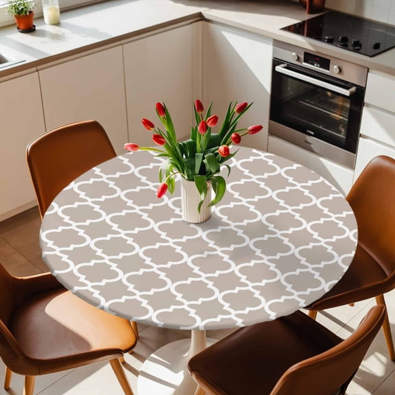 Round Fitted Tablecloth with Elastic Edge, Morocco Tile Texture Beige White Fitted Table Cloth for Round Tables, Farmhouse Lattice Waterproof Tablecloth for Outdoor Picnic Party 36-44in