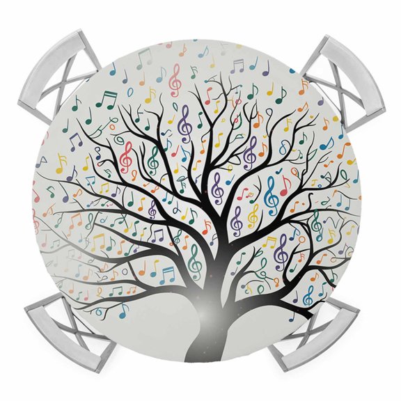 Round Fitted Tablecloth with Elastic Edge, Music Tree Waterproof Table Cloth Table Cover for 36"-44" Tables, Modern Abstract Art Note Branches Tablecloths for Dining Picnic Party Outdoor