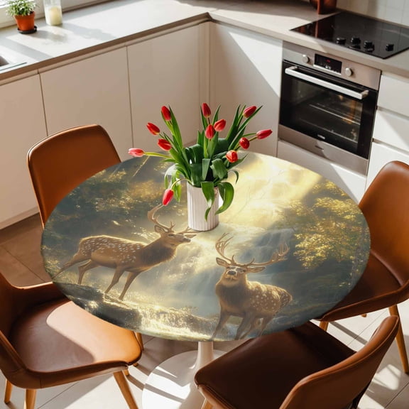Round Fitted Tablecloth with Elastic Edge, Natural Forest Farm Deer Sunlight Fitted Table Cloth for Round Tables, Waterfall River Wild Scene Waterproof Tablecloth for Outdoor Picnic Party 36-44in