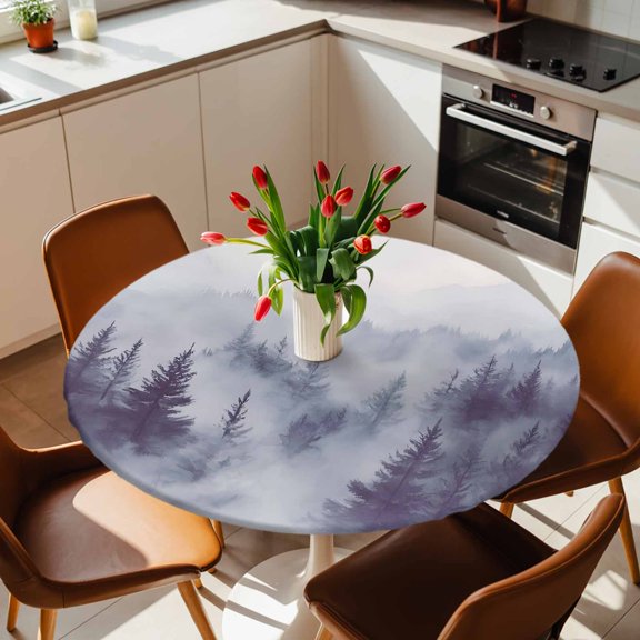Round Fitted Tablecloth with Elastic Edge, Natural Misty Mountain Tree Forest Fitted Table Cloth for Round Tables, Wild Hill Foggy Scenery Waterproof Tablecloth for Outdoor Picnic Party 36-44in