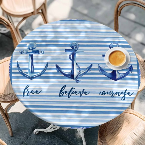 Round Fitted Tablecloth with Elastic Edge, Nautical Anchor Blue Stripe Waterproof Oil-Proof Table Cover, Ocean Theme Motivational Words Circle Table Cloth for Indoor Outdoor Picnic Party 45"x54"