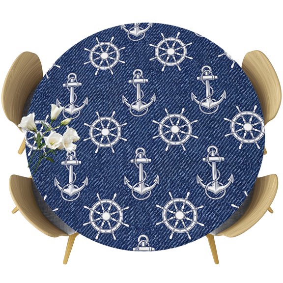 Round Fitted Tablecloth with Elastic Edge, Nautical Anchor Rudder Ocean Theme Waterproof Oil-Proof Table Cover, Classic Blue Denim Texture Circle Table Cloth for Indoor Outdoor Picnic Party 55"x60"