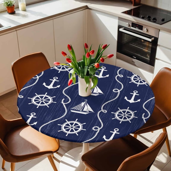 Round Fitted Tablecloth with Elastic Edge, Nautical Anchor Sailboat Fitted Table Cloth for Round Tables, Deep Navy Blue Background Waterproof Tablecloth for Outdoor Picnic Party 36-44in