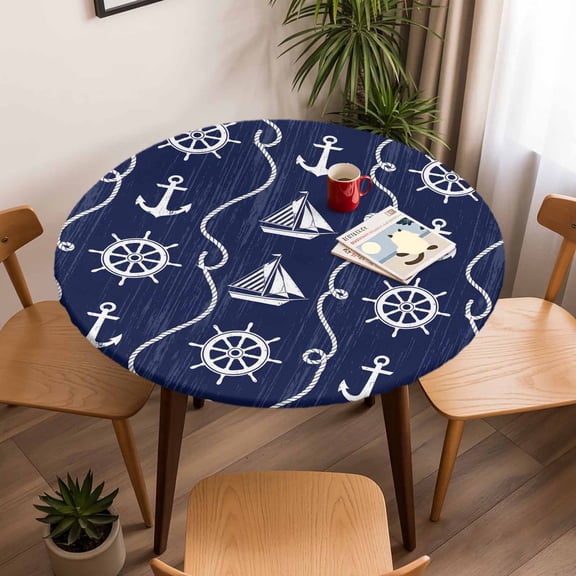 Round Fitted Tablecloth with Elastic Edge, Nautical Anchor Sailboat Fitted Table Cloth for Round Tables, Deep Navy Blue Background Waterproof Tablecloth for Outdoor Picnic Party 45-54in