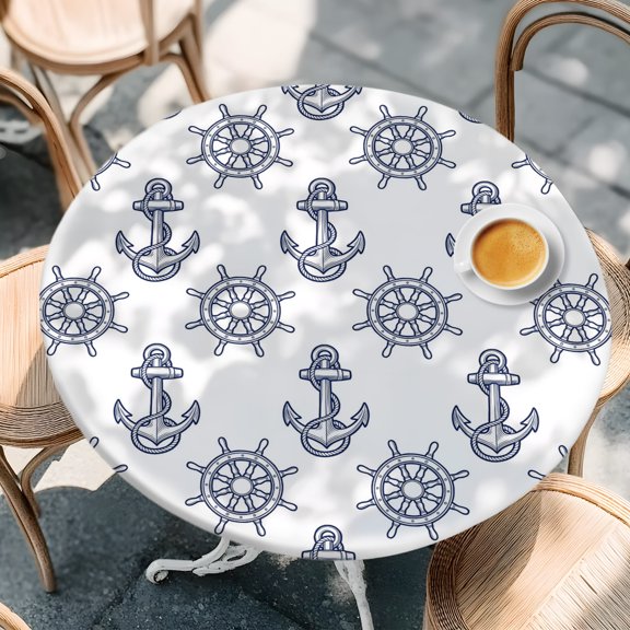 Round Fitted Tablecloth with Elastic Edge, Nautical Anchor Ship Rudder Waterproof Oil-Proof Table Cover, Summer Ocean Theme Blue White Circle Table Cloth for Indoor Outdoor Picnic Party 36"x44"