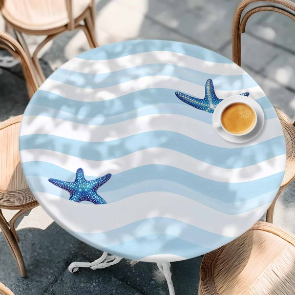 Round Fitted Tablecloth with Elastic Edge, Nautical Blue Ocean Wave Waterproof Oil-Proof Table Cover, Marine Theme Starfish Circle Table Cloth for Indoor Outdoor Picnic Party 36"x44"