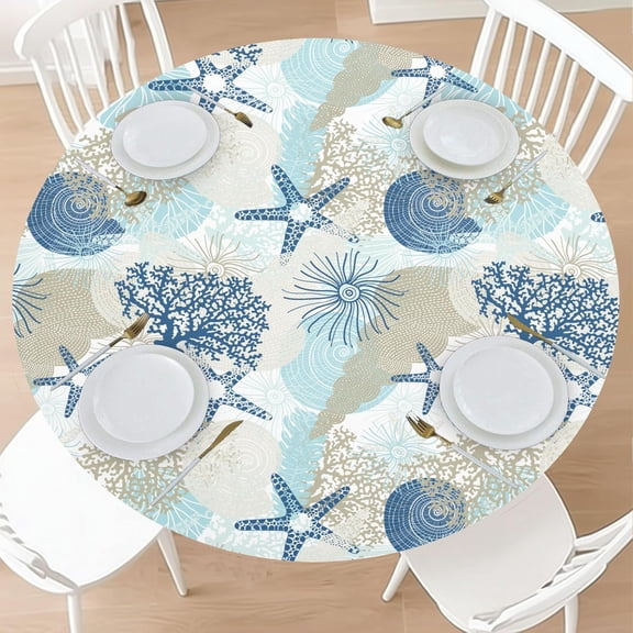 Round Fitted Tablecloth with Elastic Edge Nautical Coastal Picnic Table Cover Summer Starfish Seashell Beach Ocean Themed Waterproof Table Cloth Fit 48"-52" Tables for Outdoor,Patio,Dinner