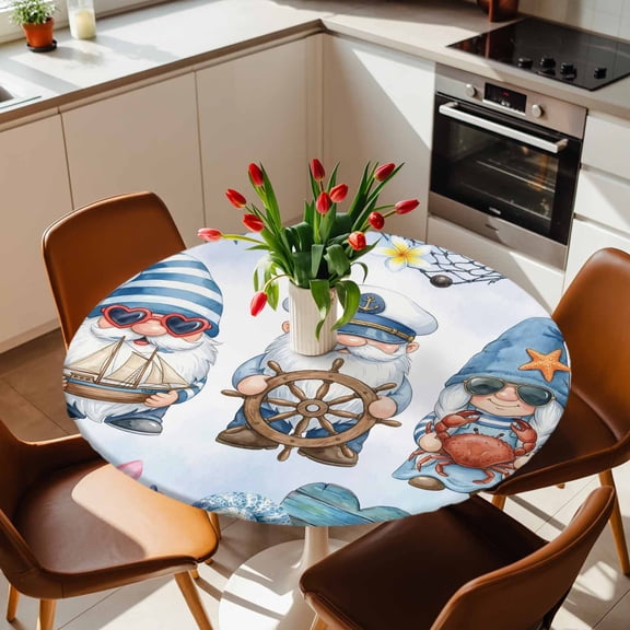 Round Fitted Tablecloth with Elastic Edge, Nautical Gnome Summer Ocean Fitted Table Cloth for Round Tables, Retro Compass Shell Conch Waterproof Tablecloth for Outdoor Picnic Party 36-44in