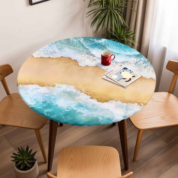 Round Fitted Tablecloth with Elastic Edge, Nautical Ocean Sea Wave Fitted Table Cloth for Round Tables, Watercolor Summer Beach Theme Waterproof Tablecloth for Outdoor Picnic Party 45-54in