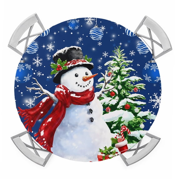 Round Fitted Tablecloth with Elastic Edge, Navy Blue Christmas Waterproof Table Cloth Table Cover for 45"-54" Tables, Snowman Xmas Tree Ball Gifts Winter Tablecloths for Dining Picnic Party Outdoor