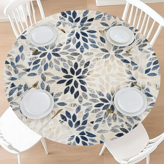 Round Fitted Tablecloth with Elastic Edge Navy Blue Dahlia Picnic Table Cover Rustic Floral Geometric Beige Tan Gray Flower Farmhouse Wipeable Table Cloth Fit 48"-52" Tables for Outdoor,Dinner