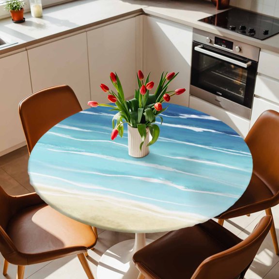 Round Fitted Tablecloth with Elastic Edge, Navy Blue Gradient Water Ripple Fitted Table Cloth for Round Tables, Summer Ocean Theme Waterproof Tablecloth for Outdoor Picnic Party 36-44in