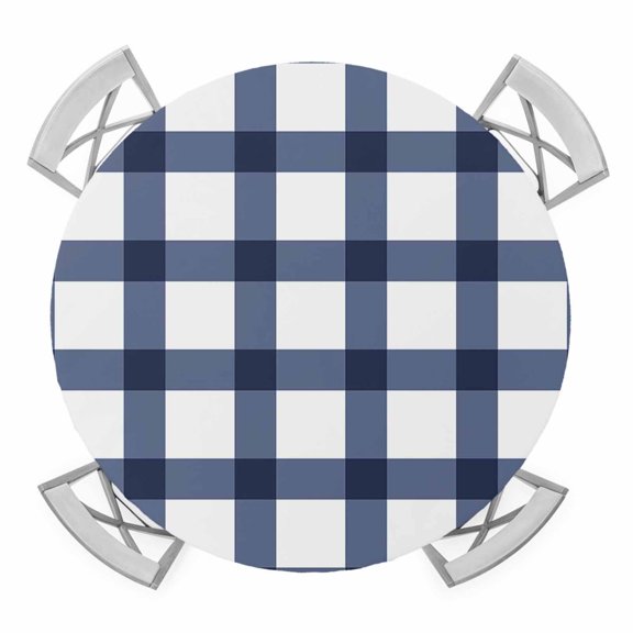 Round Fitted Tablecloth with Elastic Edge, Navy Blue Plaid Check, Waterproof Table Cloth Table Cover for 36"-44" Tables, Geometrical Abstract Lattice Tablecloths for Dining Picnic Party Outdoor