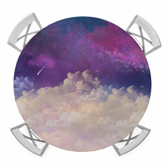 Round Fitted Tablecloth with Elastic Edge, Night Sky Stars Waterproof Table Cloth Table Cover for 45"-54" Tables, Shooting Star Cloud Galaxy Tablecloths for Dining Picnic Party Outdoor