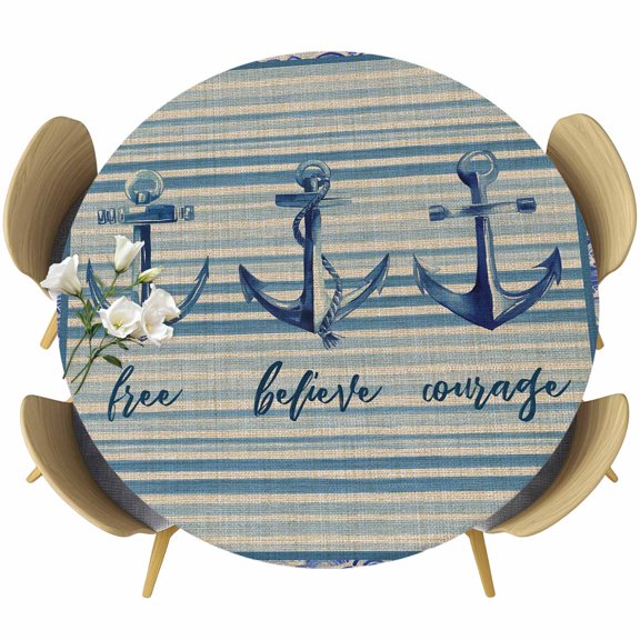 Round Fitted Tablecloth with Elastic Edge, Ocean Anchor Stripe Inspired Text Waterproof Oil-Proof Table Cover, Vintage Nautical Theme Circle Table Cloth for Indoor Outdoor Picnic Party 55"x60"