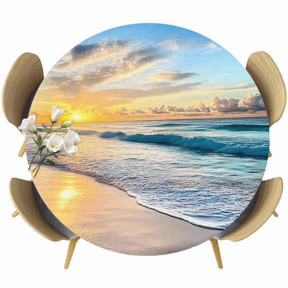 Round Fitted Tablecloth with Elastic Edge, Ocean Beach Sea Spray Sunset Fitted Table Cloth for Round Tables, Summer Vacation Blue Sky Waterproof Tablecloth for Outdoor Picnic Party 55-60in