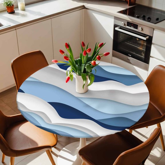 Round Fitted Tablecloth with Elastic Edge, Ocean Blue Gradient Water Ripples Fitted Table Cloth for Round Tables, Coastal Nautical Theme Waterproof Tablecloth for Outdoor Picnic Party 36-44in