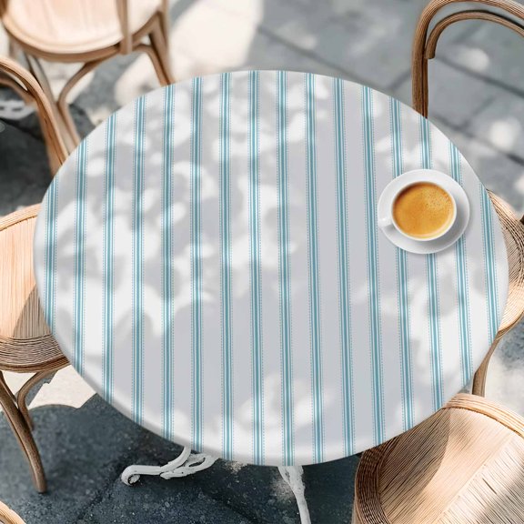 Round Fitted Tablecloth with Elastic Edge, Ocean Blue Stripes Seamless Ticking Stripe Waterproof Oil-Proof Table Cover, Farmhouse Pinstripe Circle Table Cloth for Indoor Outdoor Picnic Party 45"x54"