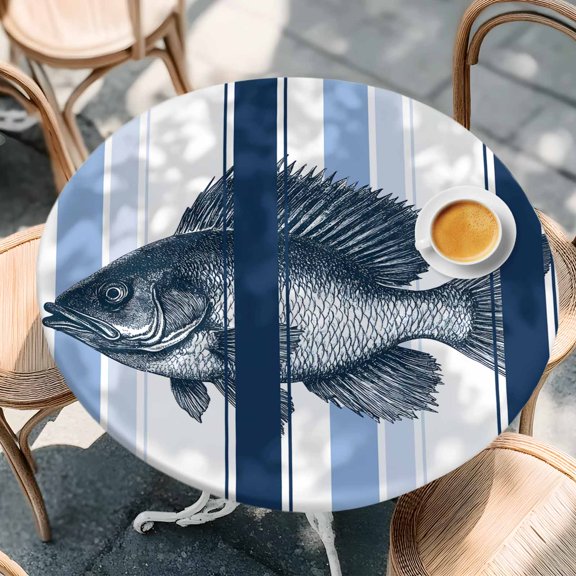 Round Fitted Tablecloth with Elastic Edge, Ocean Fish Blue Stripe Waterproof Oil-Proof Table Cover, Watercolor Marine Life Line Theme Circle Table Cloth for Indoor Outdoor Picnic Party 36"x44"