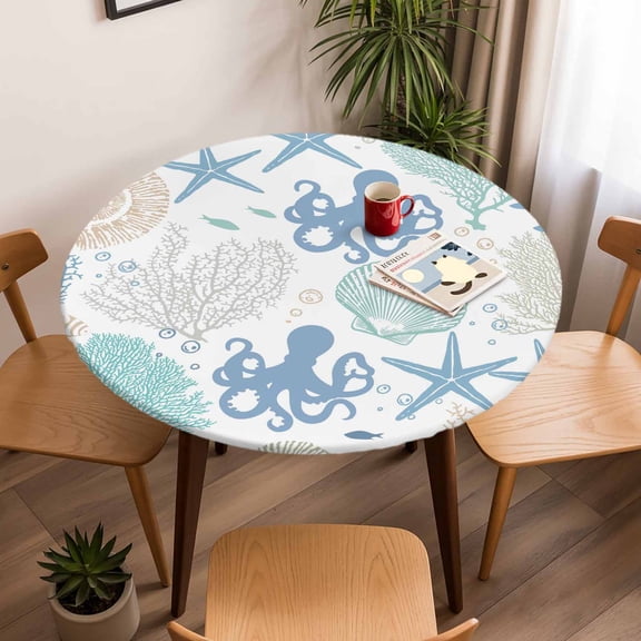 Round Fitted Tablecloth with Elastic Edge, Ocean Octopus Coral Starfish Fishes Fitted Table Cloth for Round Tables, Coastal Marine Animal Waterproof Tablecloth for Outdoor Picnic Party 45-54in