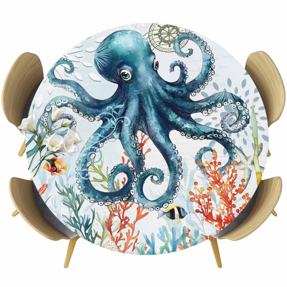 Round Fitted Tablecloth with Elastic Edge, Ocean Octopus Coral Starfish Fitted Table Cloth for Round Tables, Sea Monster Blue Underwater World Waterproof Tablecloth for Outdoor Picnic Party 55-60in