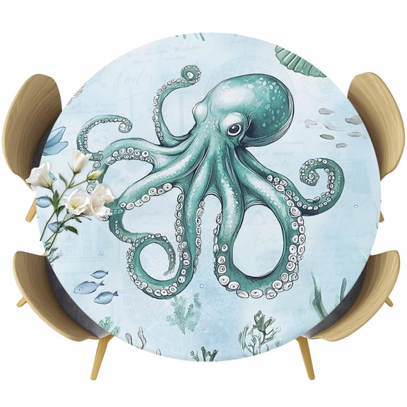 Round Fitted Tablecloth with Elastic Edge, Ocean Octopus Shell Seaweed Fitted Table Cloth for Round Tables, Sea Monster Underwater World Waterproof Tablecloth for Outdoor Picnic Party 55-60in