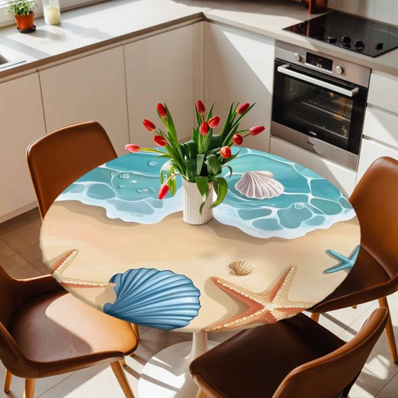 Round Fitted Tablecloth with Elastic Edge, Ocean Shell Starfish Cartoon Theme Fitted Table Cloth for Round Tables, Beach Blue Sea Water Waterproof Tablecloth for Outdoor Picnic Party 36-44in