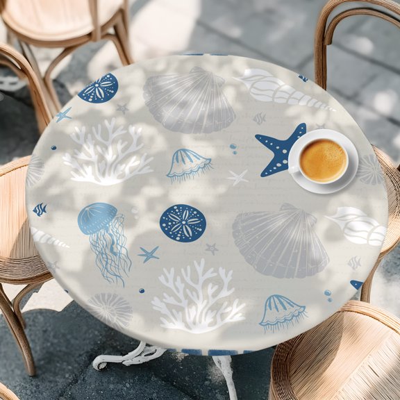 Round Fitted Tablecloth with Elastic Edge, Ocean Starfish Shell Conch Octopus Waterproof Oil-Proof Table Cover, Marine Theme Coral Blue Stripe Circle Table Cloth for Indoor Outdoor 36"x44"